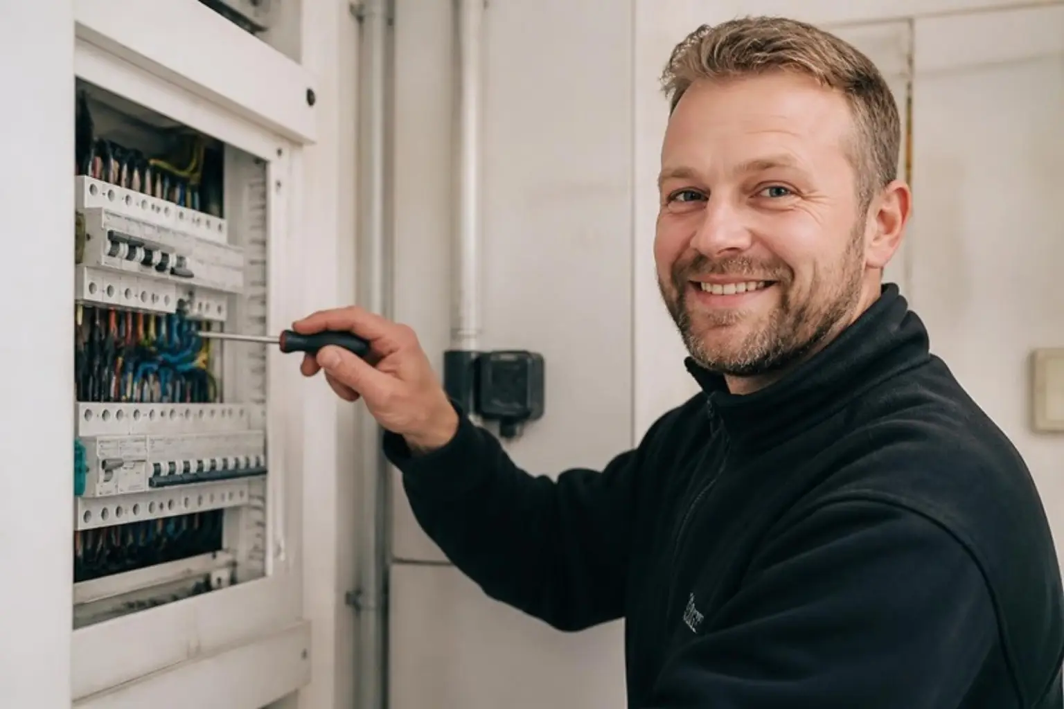 Smilende elektriker arbejder med skruetrækker i en åben el-tavle
