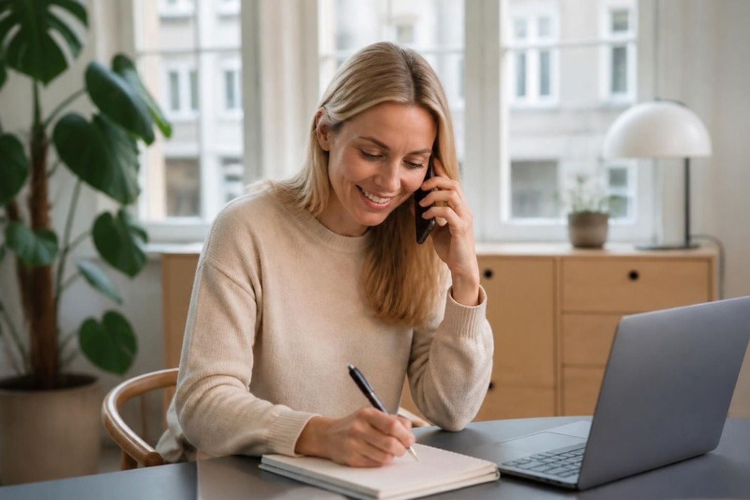 Smilende kvinde taler i telefon og noterer ved et skrivebord i et lyst kontor