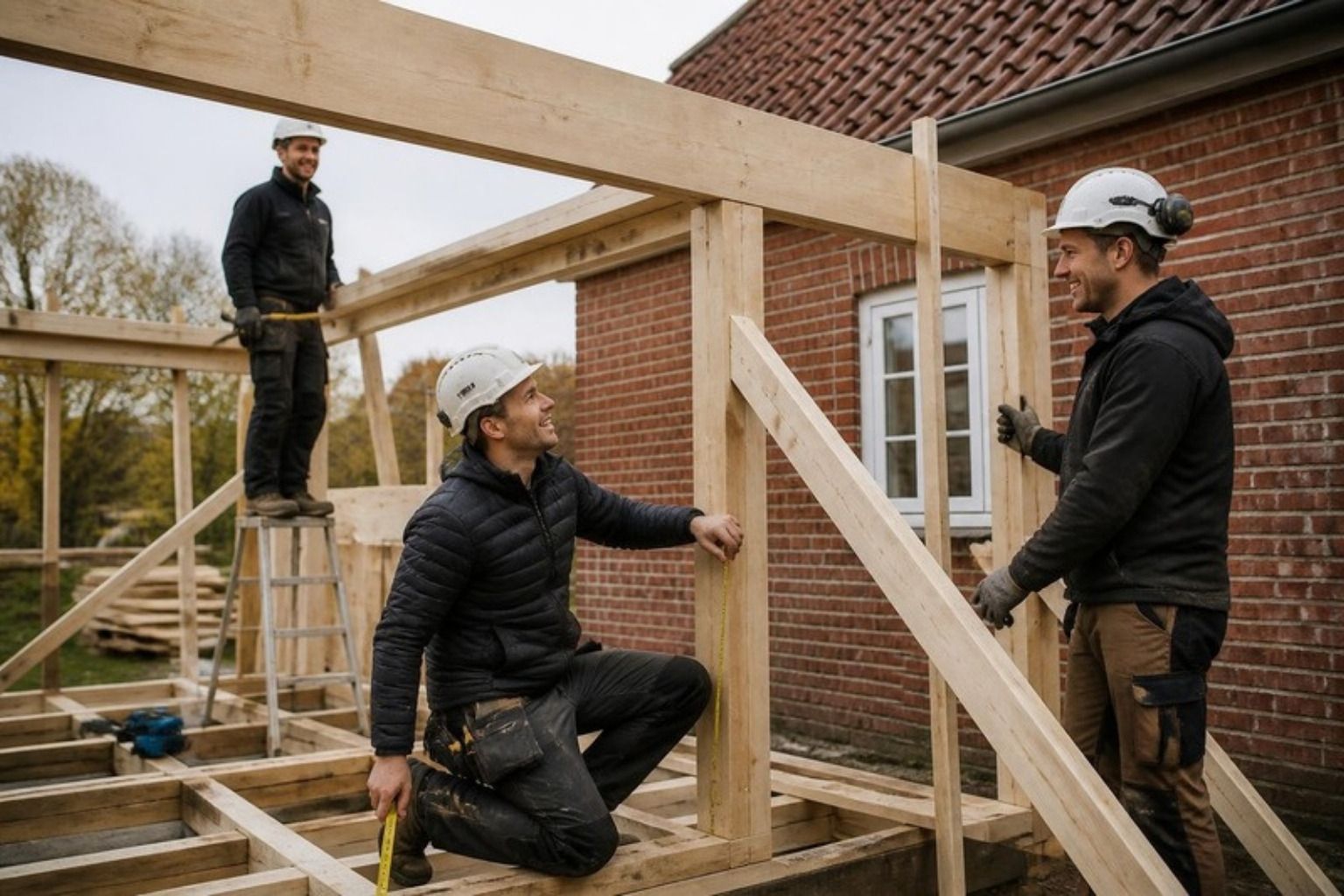 Tre tømrere med hjelme rejser træskelettet til en tilbygning ved et rødt murstenshus